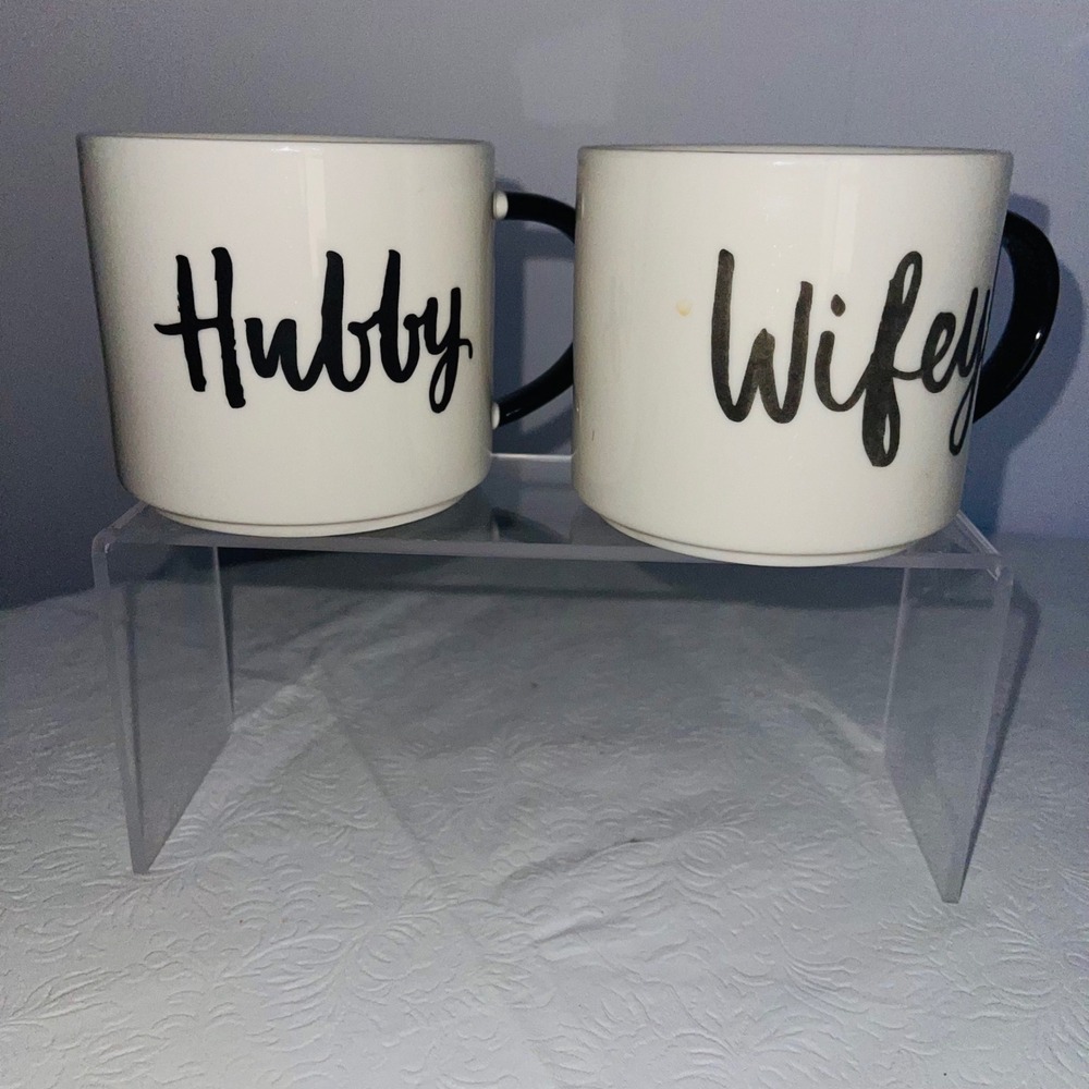 Threshold Hubby Wifey Coffee Mug Set Porcelain White Black Script Wedding Bridal